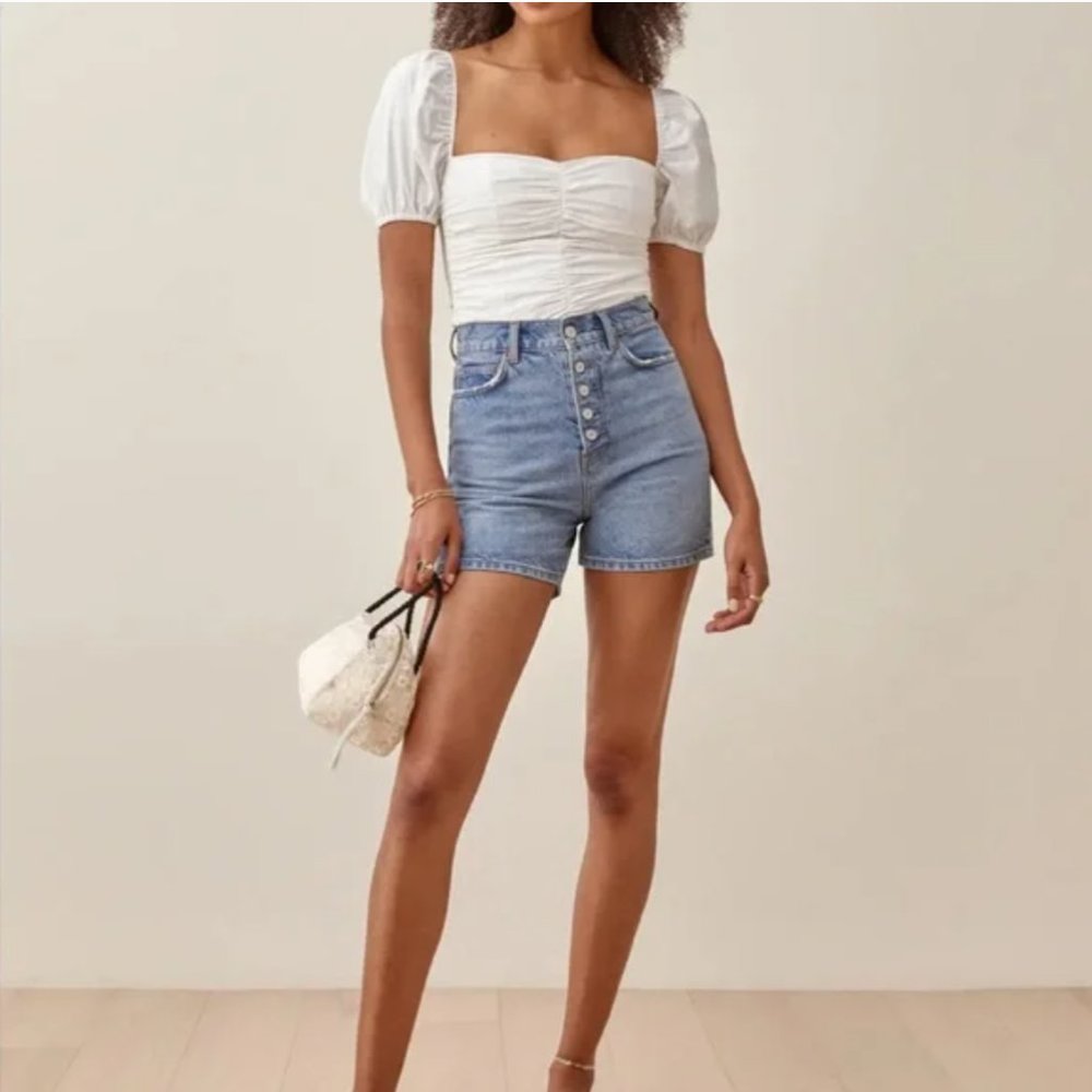 High Waisted Reformation Amy Button Fly High Rise Jean Shorts
